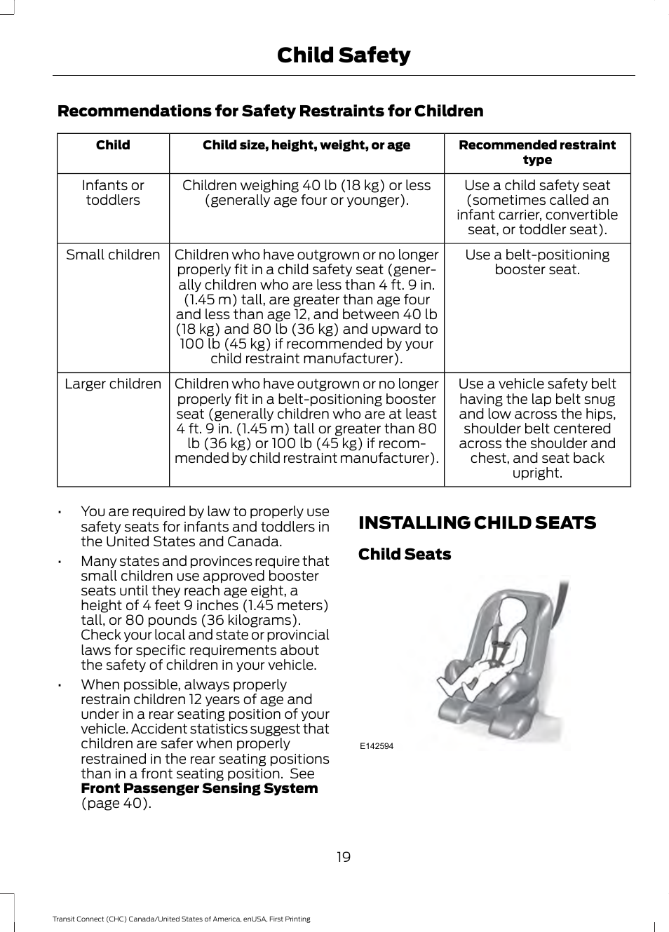 Installing child seats, Child safety | FORD 2015 Transit Connect User Manual | Page 22 / 428