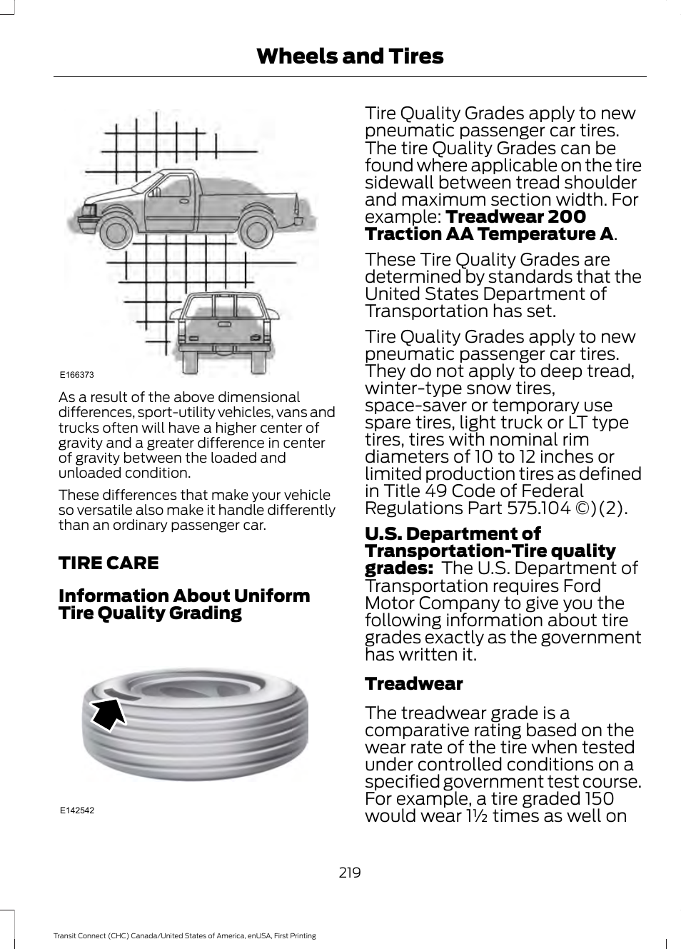 Tire care, Wheels and tires | FORD 2015 Transit Connect User Manual | Page 222 / 428