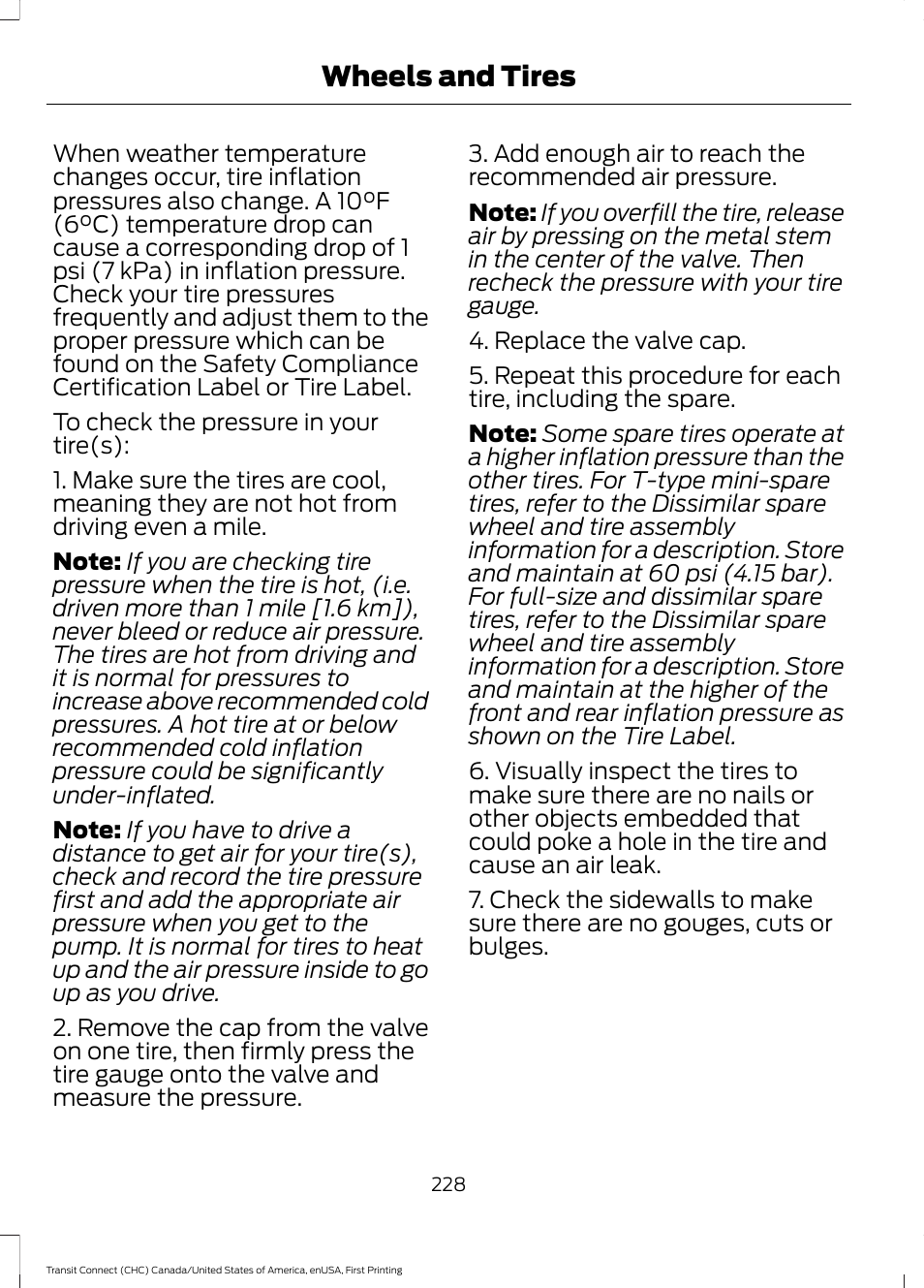 Wheels and tires | FORD 2015 Transit Connect User Manual | Page 231 / 428