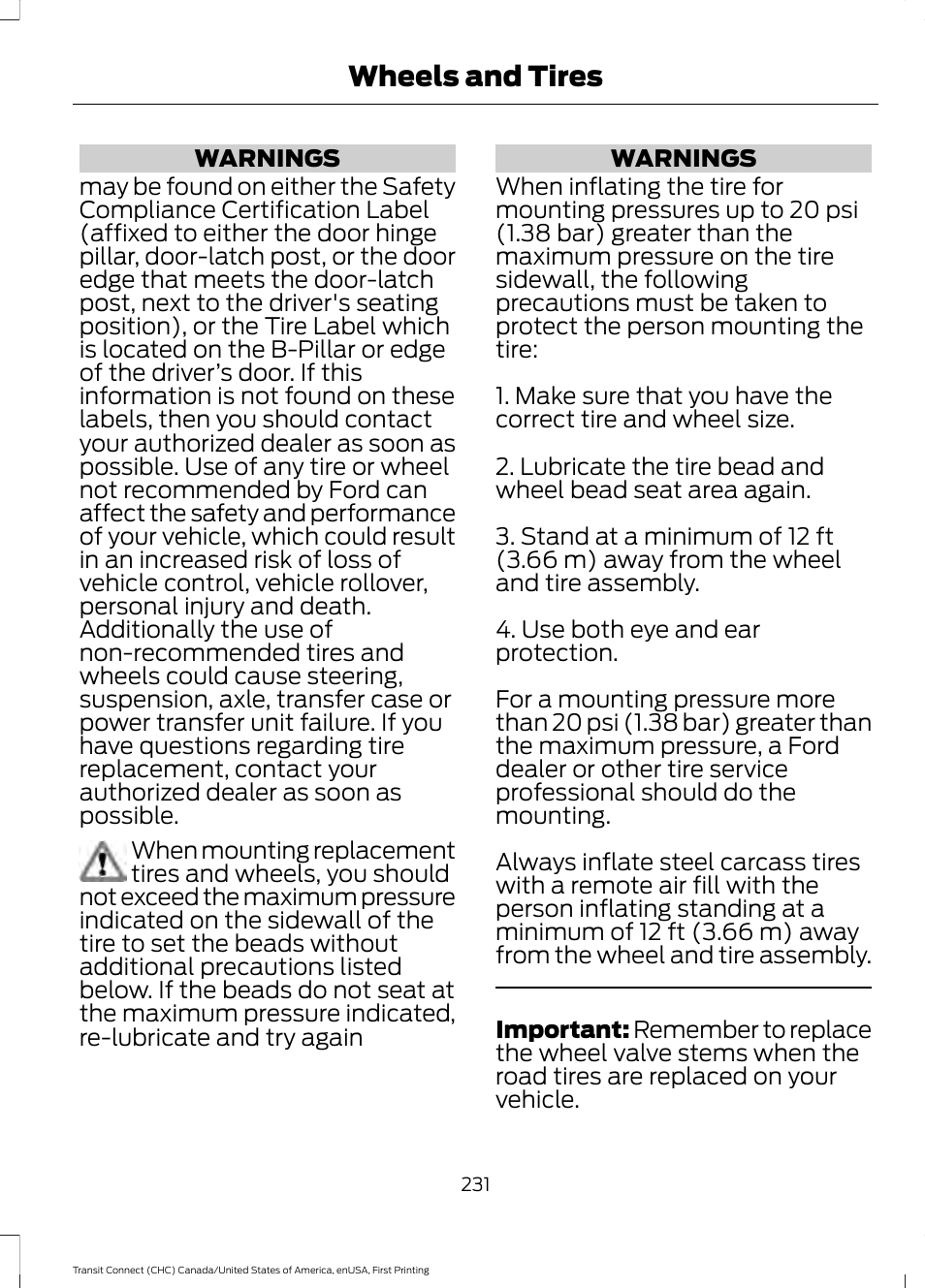 Wheels and tires | FORD 2015 Transit Connect User Manual | Page 234 / 428