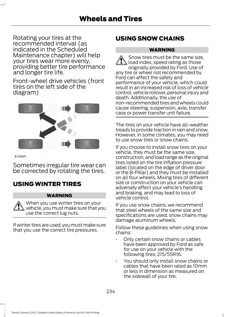 Using winter tires, Using snow chains, Using winter tires using snow chains | Wheels and tires | FORD 2015 Transit Connect User Manual | Page 237 / 428