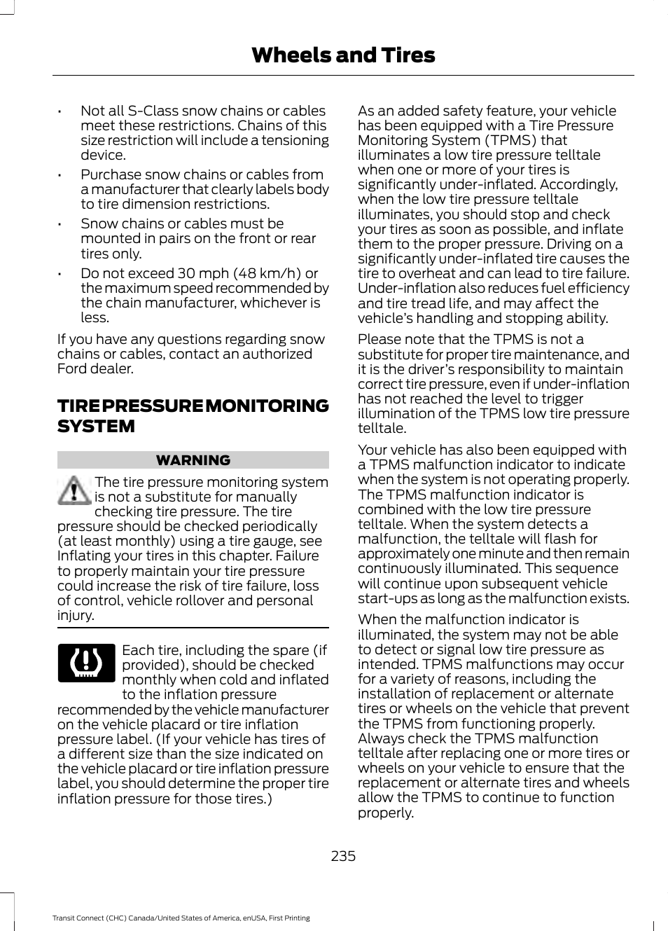 Tire pressure monitoring system, See tire, See tire pressure | Wheels and tires | FORD 2015 Transit Connect User Manual | Page 238 / 428