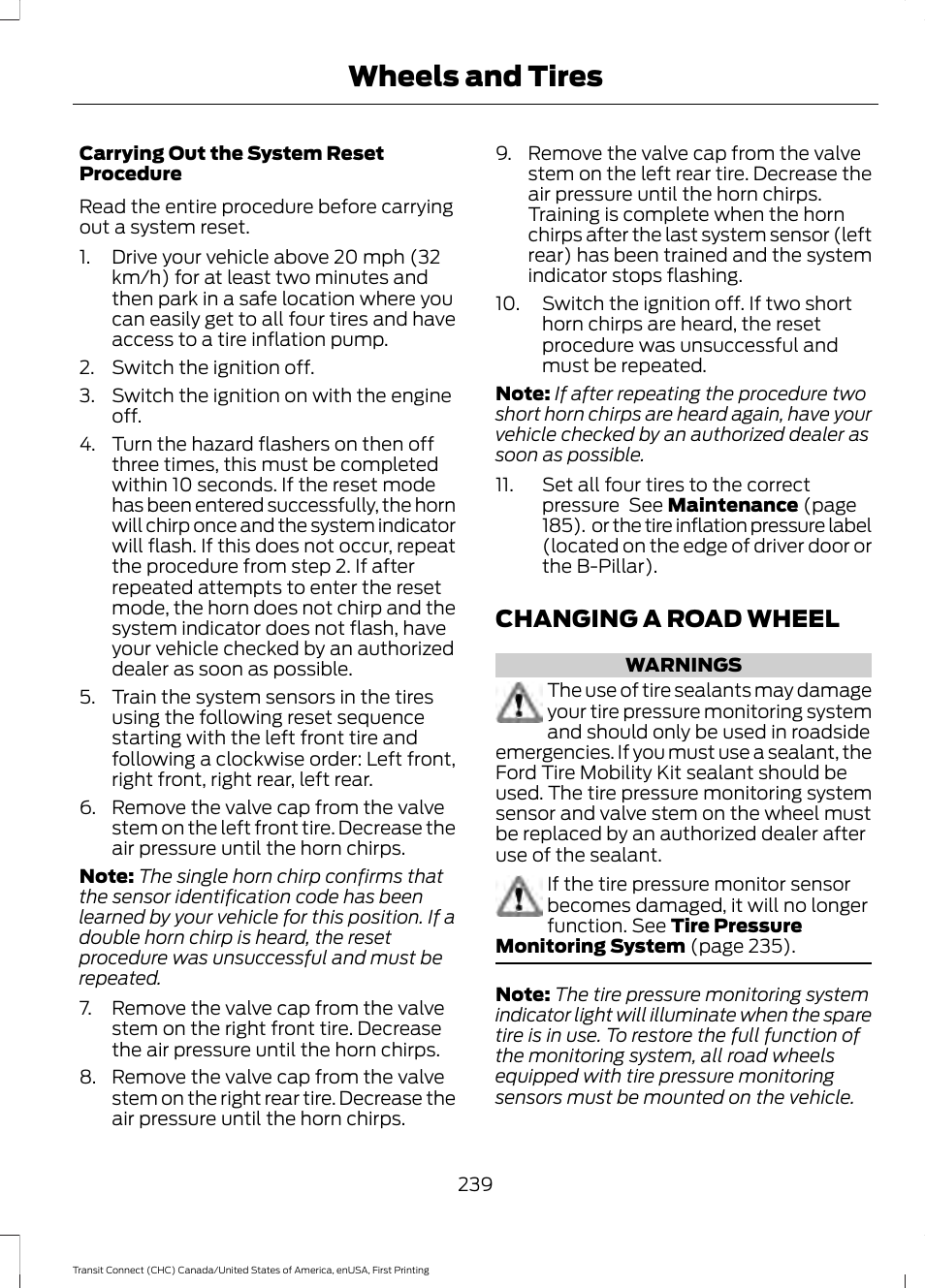 Changing a road wheel, Wheels and tires | FORD 2015 Transit Connect User Manual | Page 242 / 428