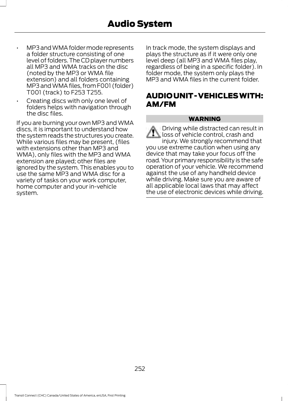 Audio unit, Audio unit - vehicles with: am/fm, Audio system | FORD 2015 Transit Connect User Manual | Page 255 / 428