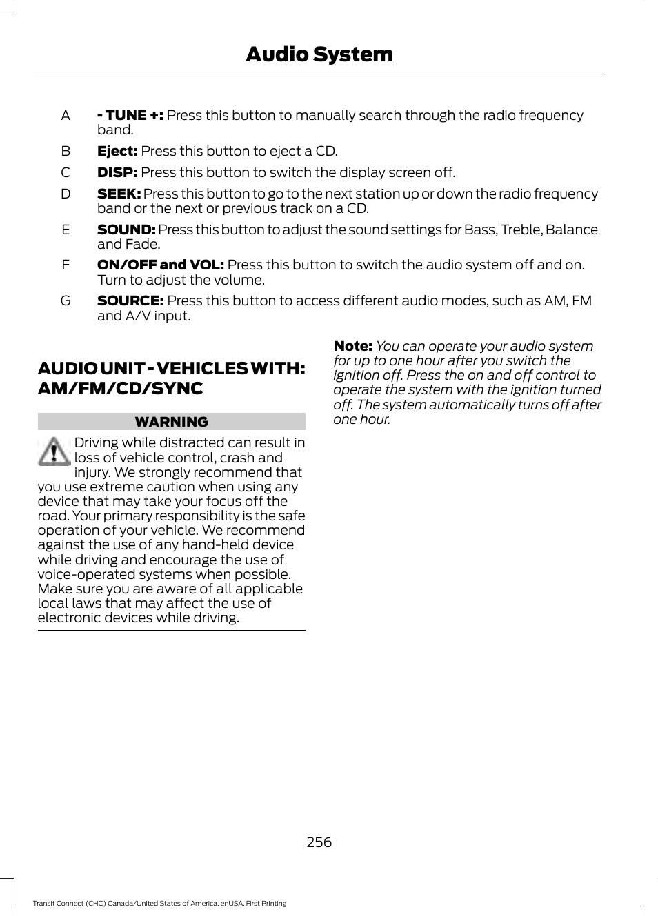 Audio unit, Audio unit - vehicles with: am/fm/cd, Sync | Audio system, Audio unit - vehicles with: am/fm/cd/sync | FORD 2015 Transit Connect User Manual | Page 259 / 428