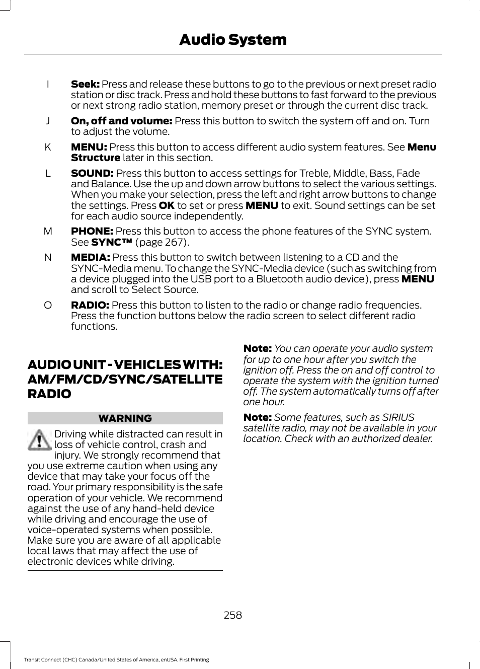 Audio unit, Audio unit - vehicles with: am/fm/cd, Sync/satellite radio | Audio system | FORD 2015 Transit Connect User Manual | Page 261 / 428