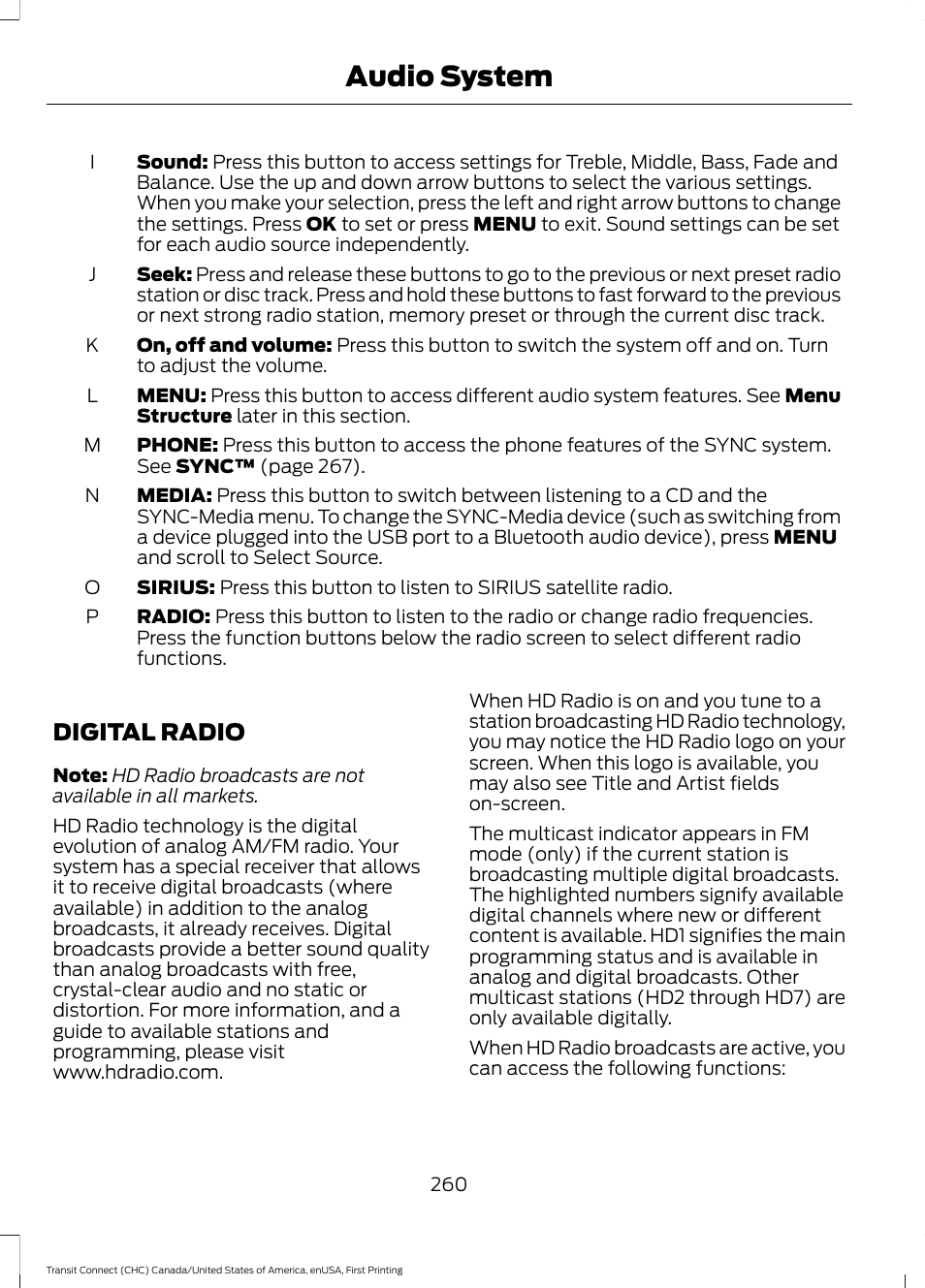 Digital radio, Audio system | FORD 2015 Transit Connect User Manual | Page 263 / 428