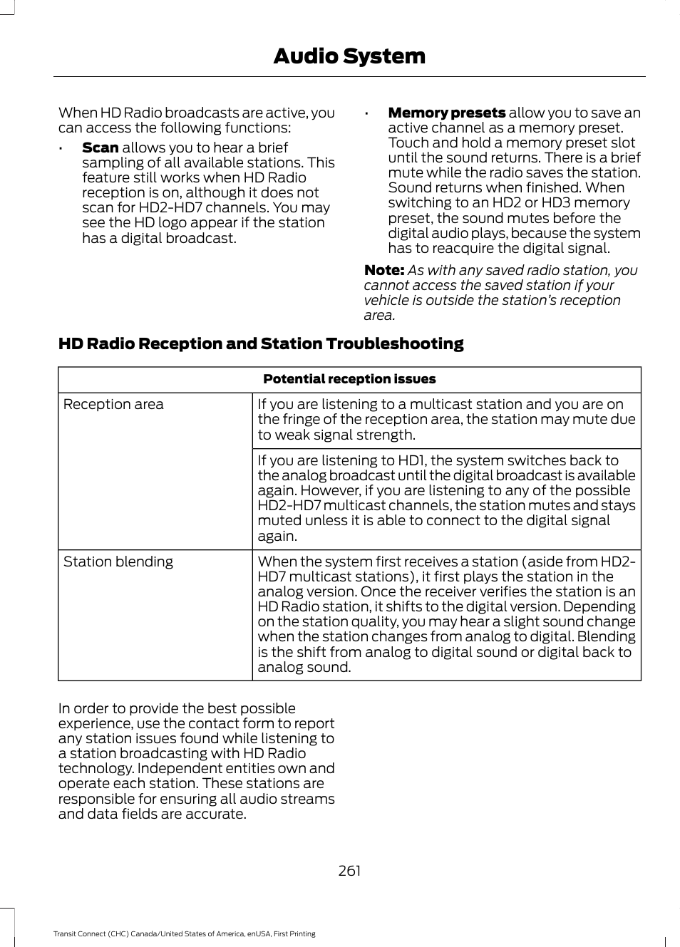 Audio system | FORD 2015 Transit Connect User Manual | Page 264 / 428