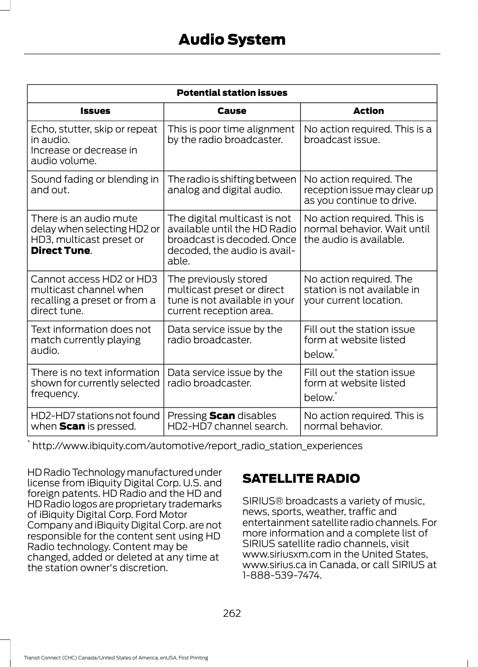 Satellite radio, Audio system | FORD 2015 Transit Connect User Manual | Page 265 / 428