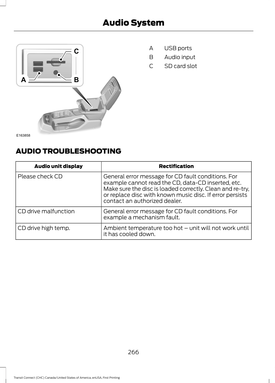 Audio troubleshooting, Audio system, Cb a | FORD 2015 Transit Connect User Manual | Page 269 / 428