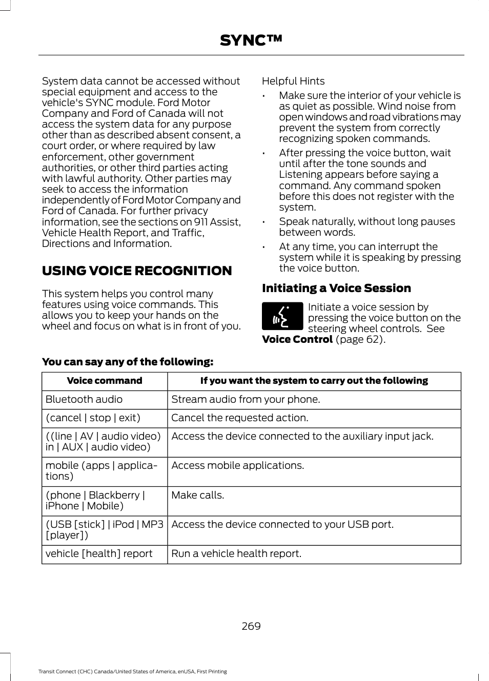 Using voice recognition, Sync | FORD 2015 Transit Connect User Manual | Page 272 / 428