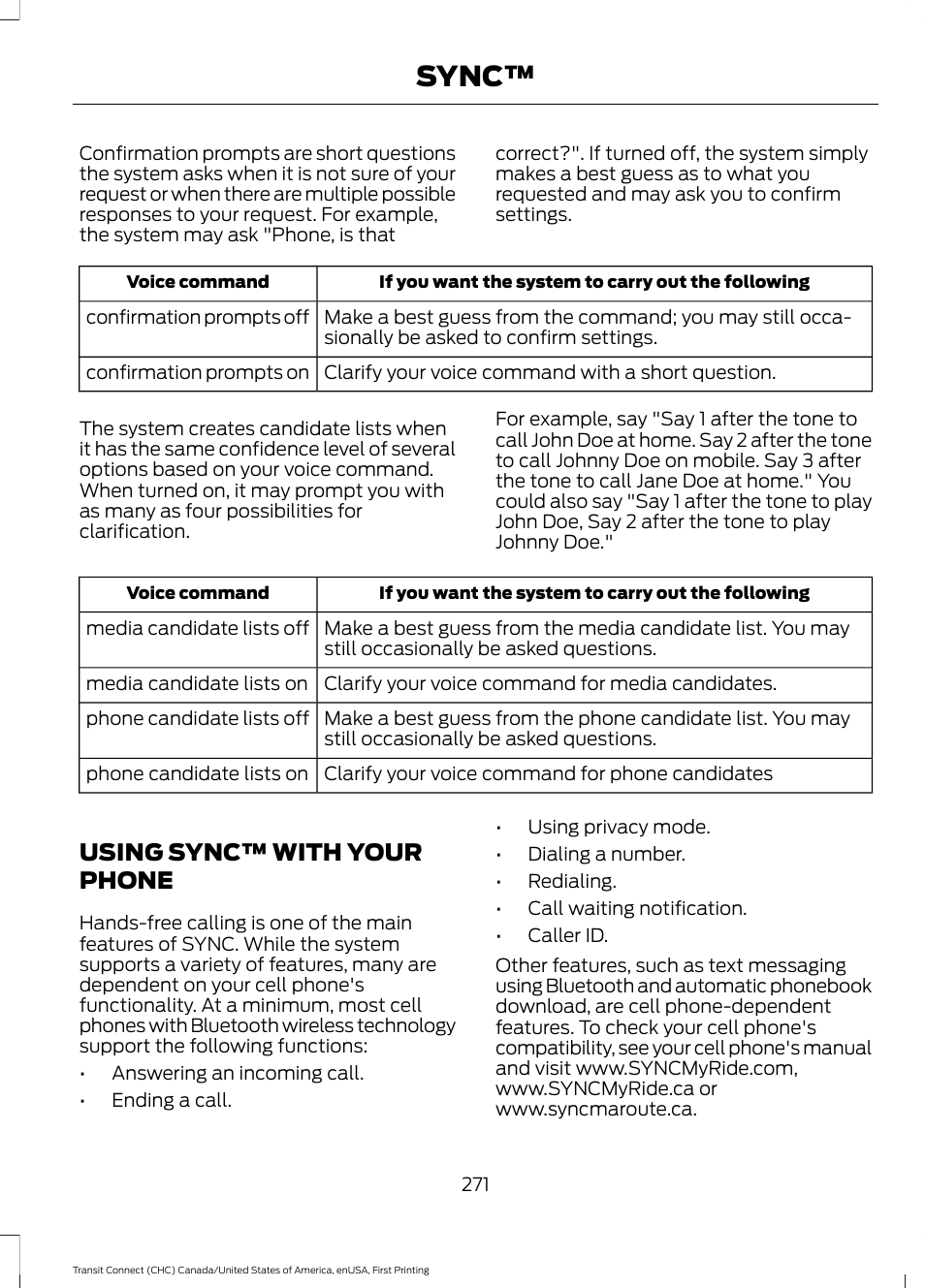 Using sync™ with your phone, Sync | FORD 2015 Transit Connect User Manual | Page 274 / 428