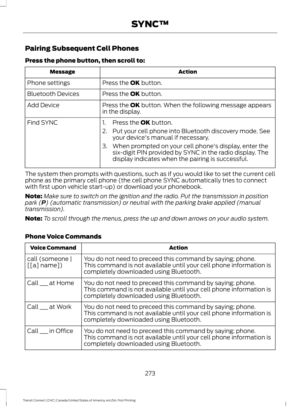 Sync | FORD 2015 Transit Connect User Manual | Page 276 / 428