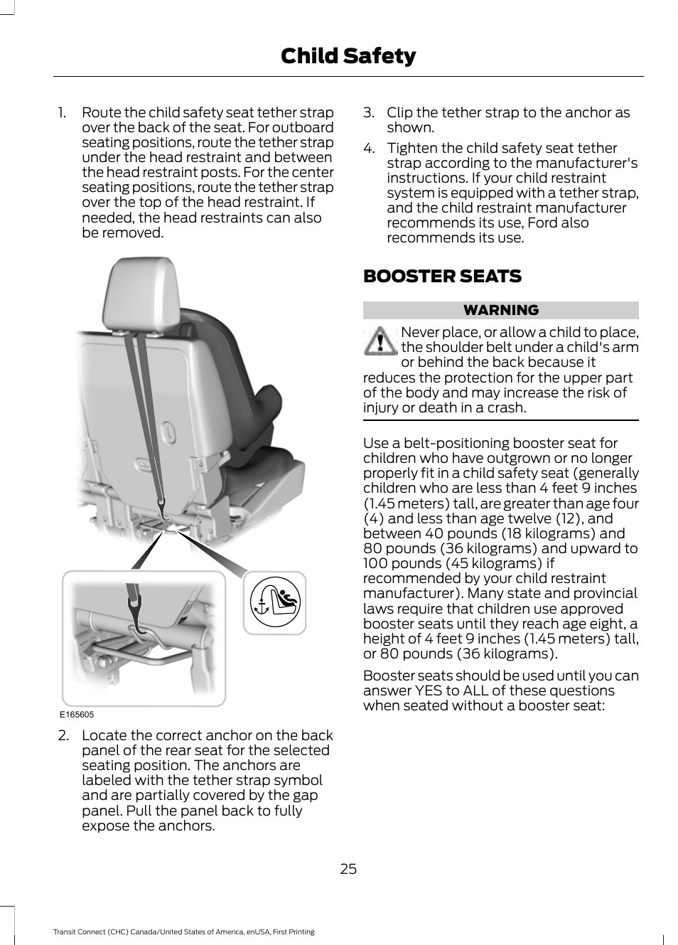 Booster seats, Child safety | FORD 2015 Transit Connect User Manual | Page 28 / 428