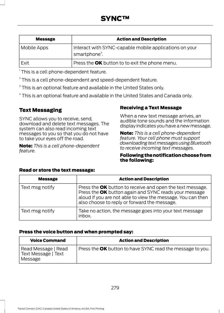 Sync, Text messaging | FORD 2015 Transit Connect User Manual | Page 282 / 428