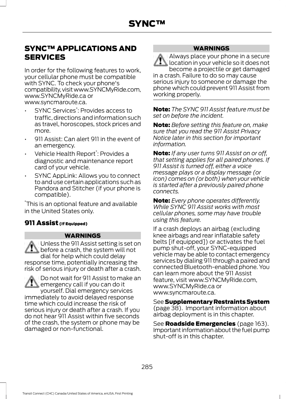 Sync™ applications and services, Sync | FORD 2015 Transit Connect User Manual | Page 288 / 428