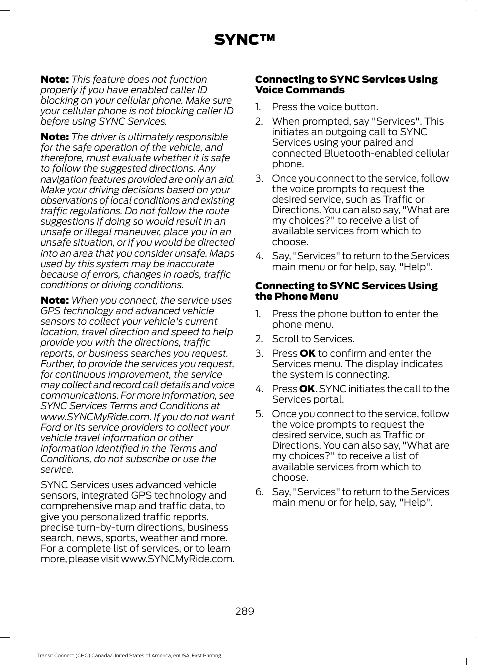 Sync | FORD 2015 Transit Connect User Manual | Page 292 / 428