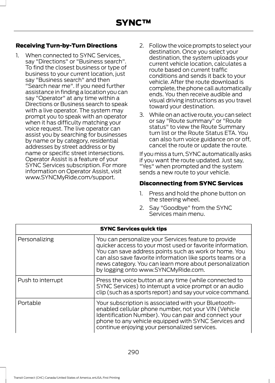 Sync | FORD 2015 Transit Connect User Manual | Page 293 / 428