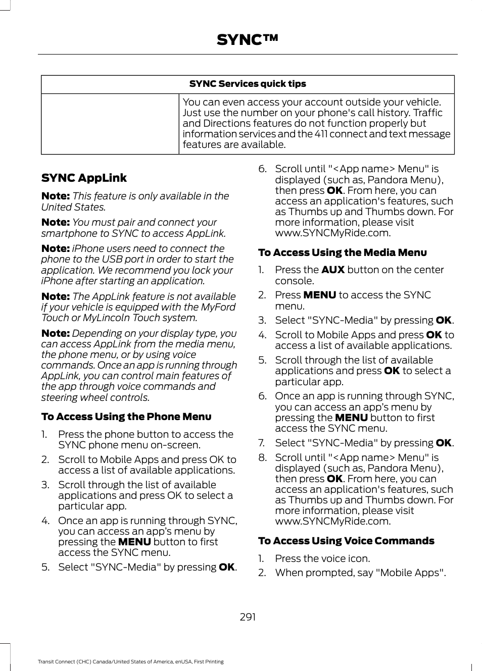 Sync | FORD 2015 Transit Connect User Manual | Page 294 / 428