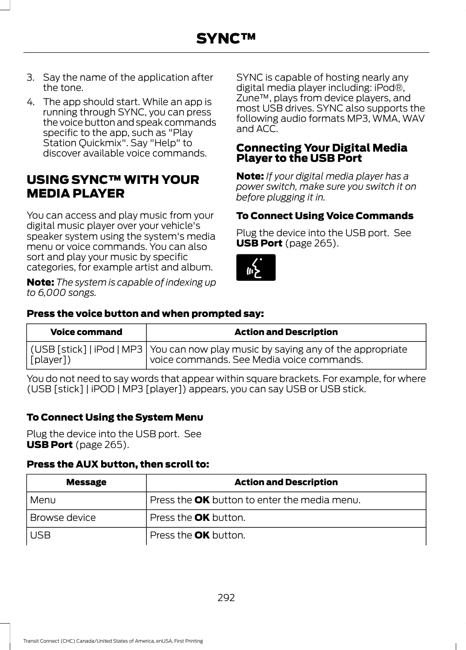 Using sync™ with your media player, Using sync™ with your media, Player | Sync | FORD 2015 Transit Connect User Manual | Page 295 / 428