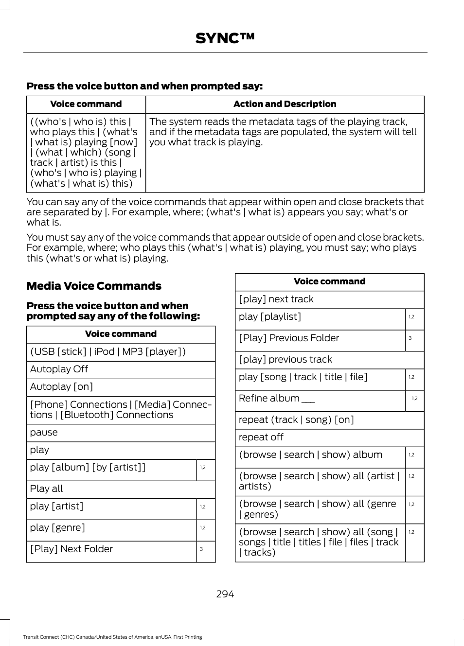 Sync, Media voice commands | FORD 2015 Transit Connect User Manual | Page 297 / 428