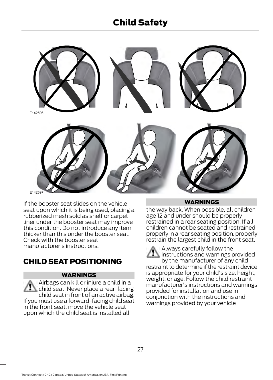 Child seat positioning, Child safety | FORD 2015 Transit Connect User Manual | Page 30 / 428