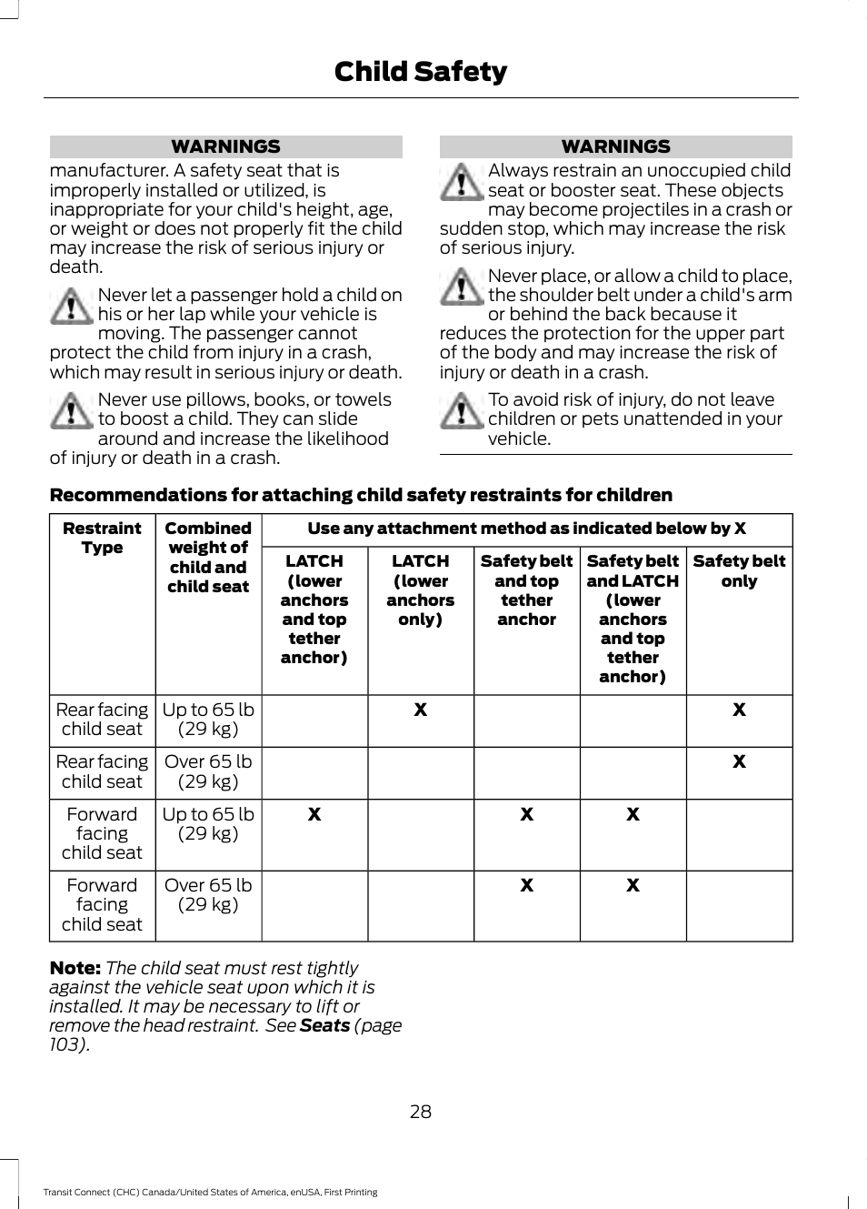 Child safety | FORD 2015 Transit Connect User Manual | Page 31 / 428