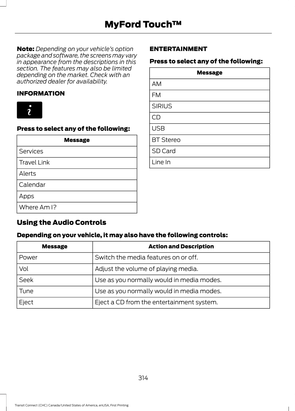 Myford touch | FORD 2015 Transit Connect User Manual | Page 317 / 428