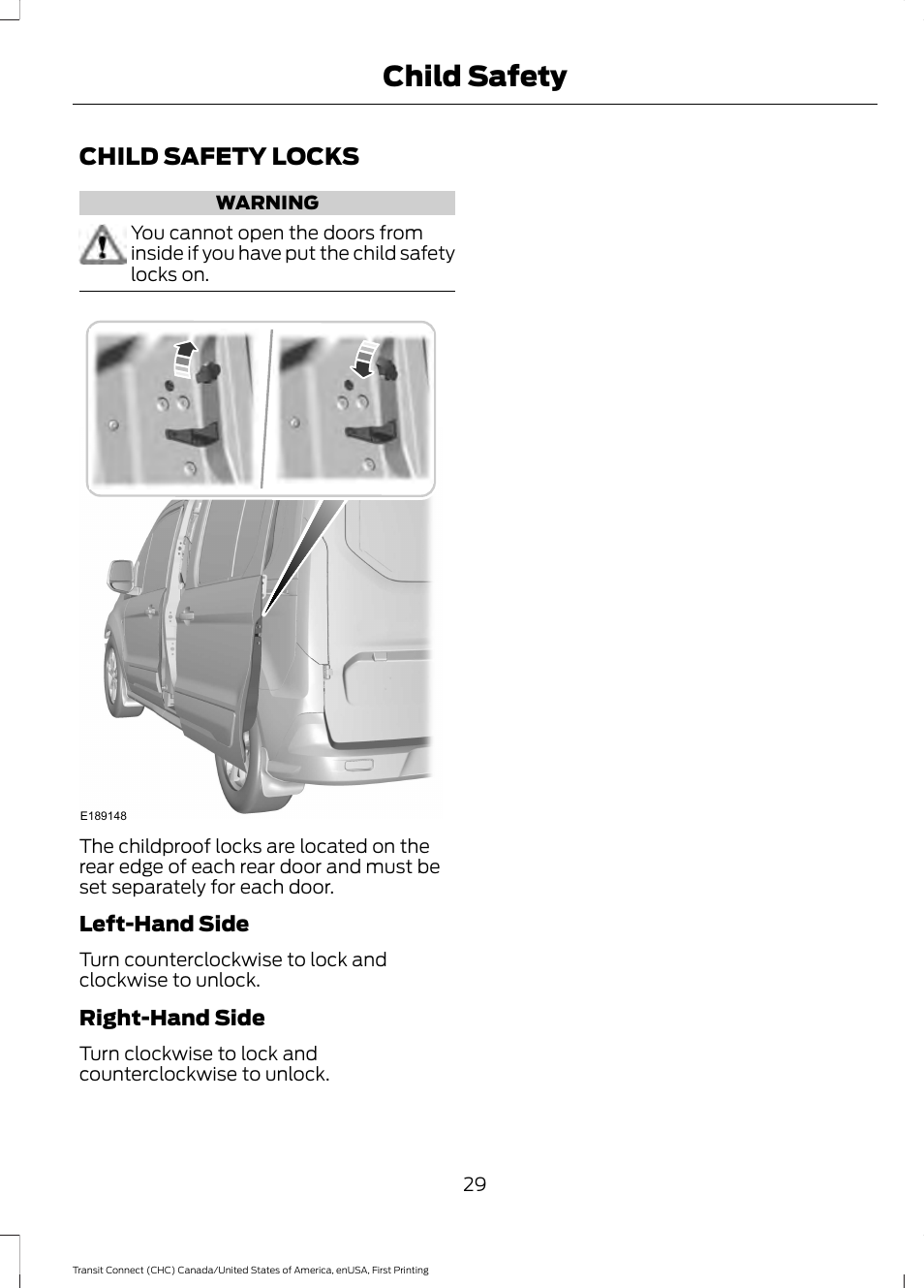 Child safety locks, Child safety | FORD 2015 Transit Connect User Manual | Page 32 / 428