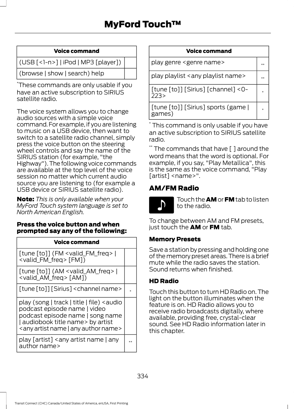 Myford touch, Am/fm radio | FORD 2015 Transit Connect User Manual | Page 337 / 428