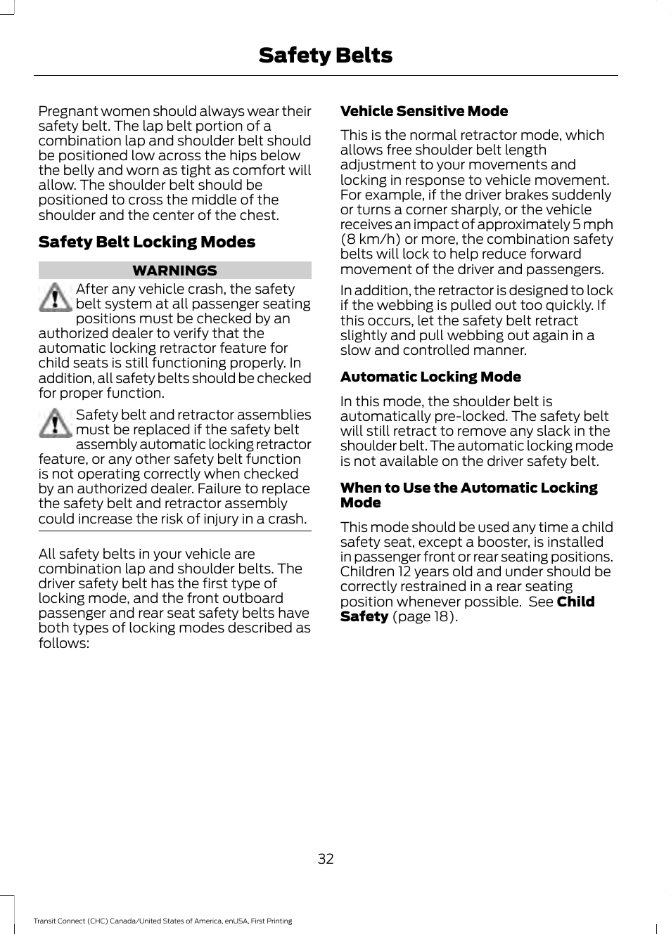 Safety belts | FORD 2015 Transit Connect User Manual | Page 35 / 428