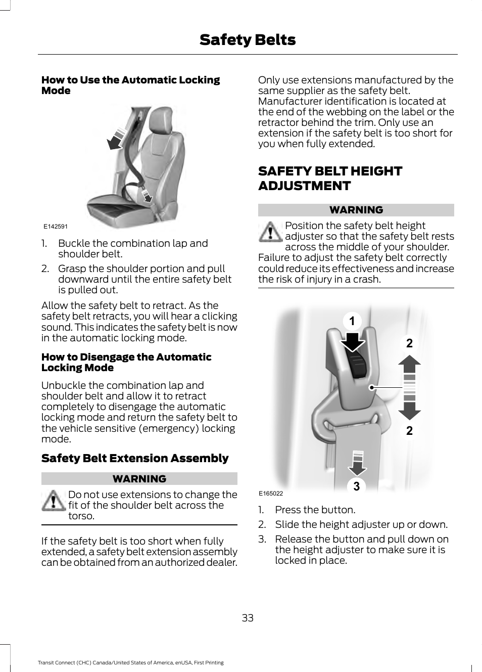 Safety belt height adjustment, Safety belts | FORD 2015 Transit Connect User Manual | Page 36 / 428