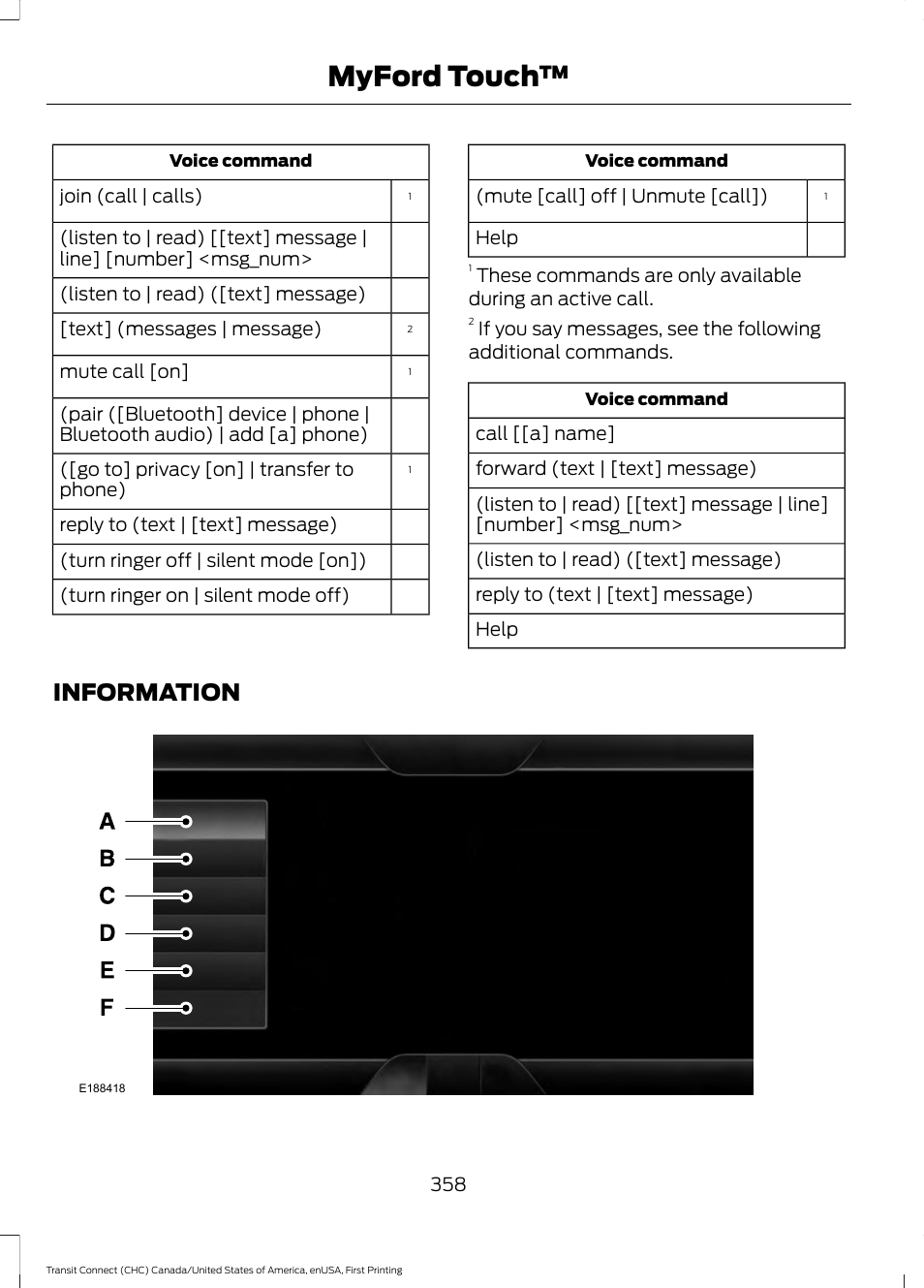 Information, Myford touch | FORD 2015 Transit Connect User Manual | Page 361 / 428