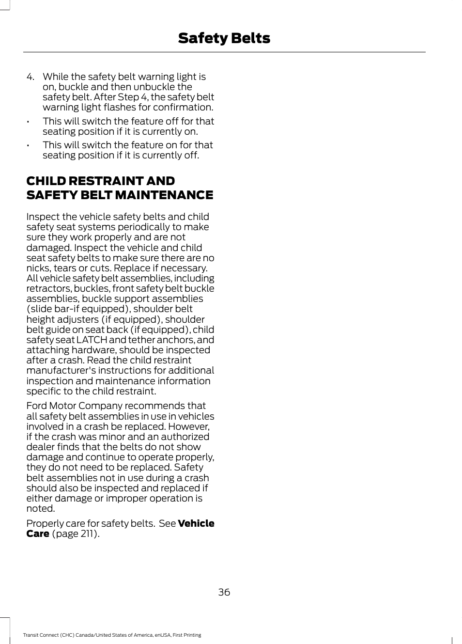 Child restraint and safety belt maintenance, Child restraint and safety belt, Maintenance | Safety belts | FORD 2015 Transit Connect User Manual | Page 39 / 428