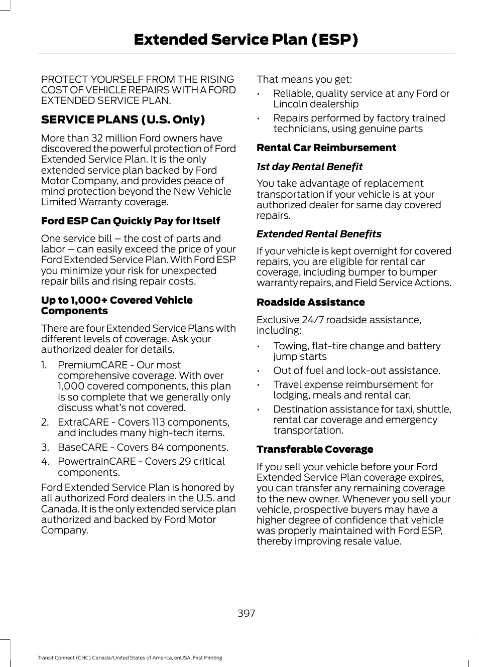 Extended service plan (esp), Extended service plan, Esp) | FORD 2015 Transit Connect User Manual | Page 400 / 428