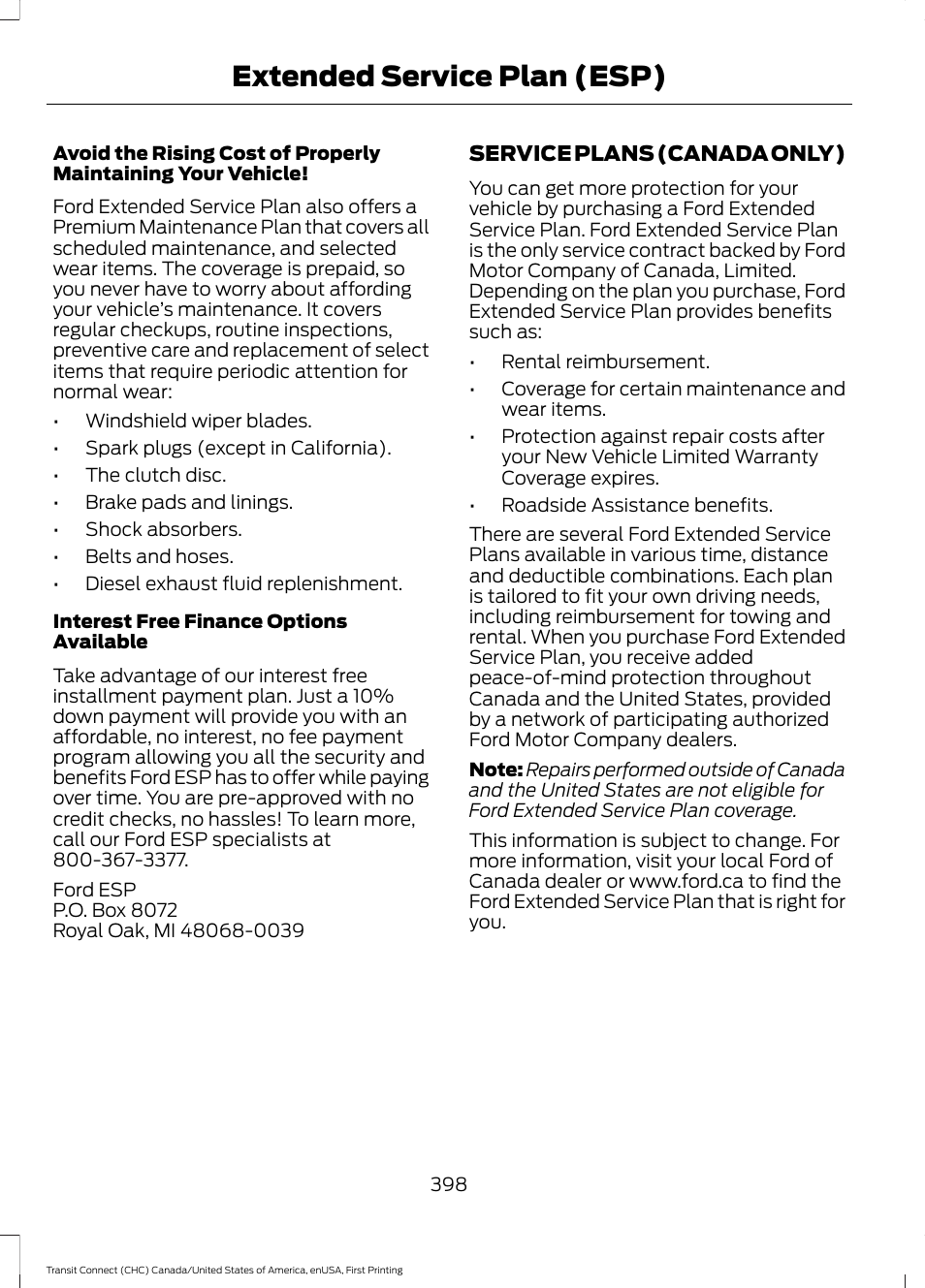 Extended service plan (esp) | FORD 2015 Transit Connect User Manual | Page 401 / 428