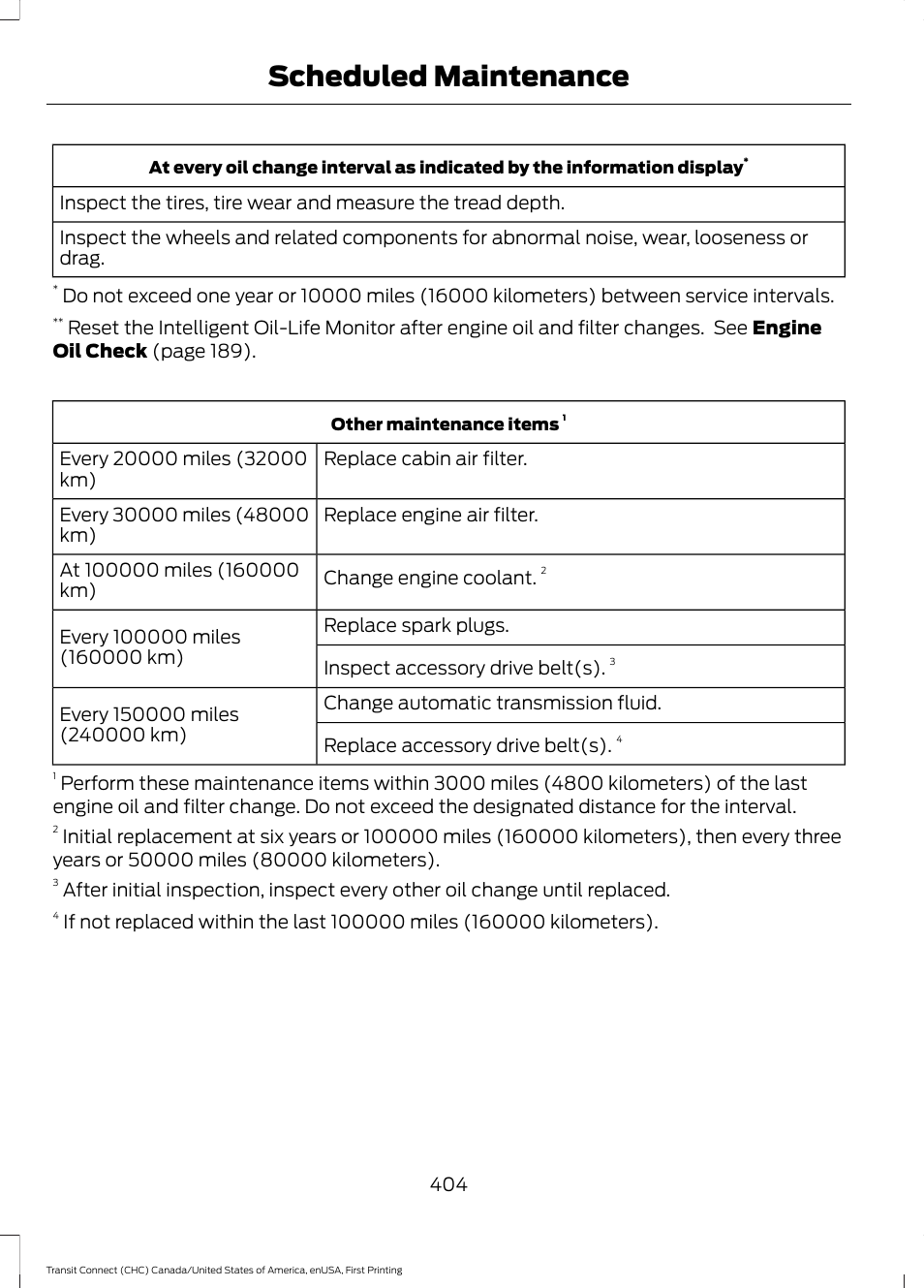 Scheduled maintenance | FORD 2015 Transit Connect User Manual | Page 407 / 428