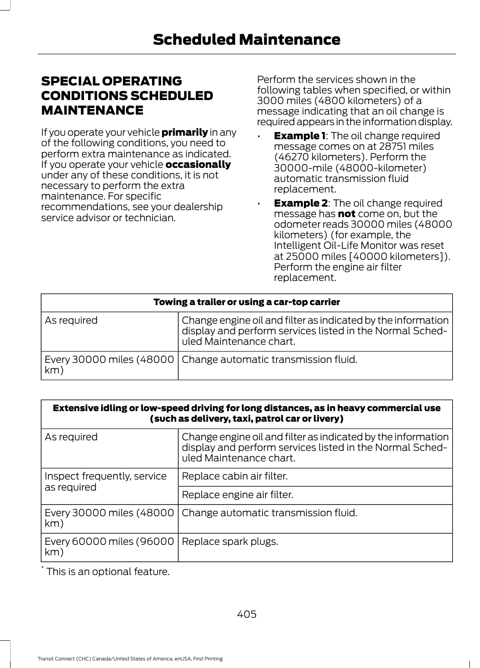 Special operating conditions scheduled maintenance, Special operating conditions scheduled, Maintenance | Scheduled maintenance | FORD 2015 Transit Connect User Manual | Page 408 / 428