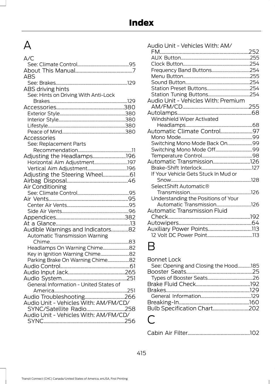 Index | FORD 2015 Transit Connect User Manual | Page 418 / 428