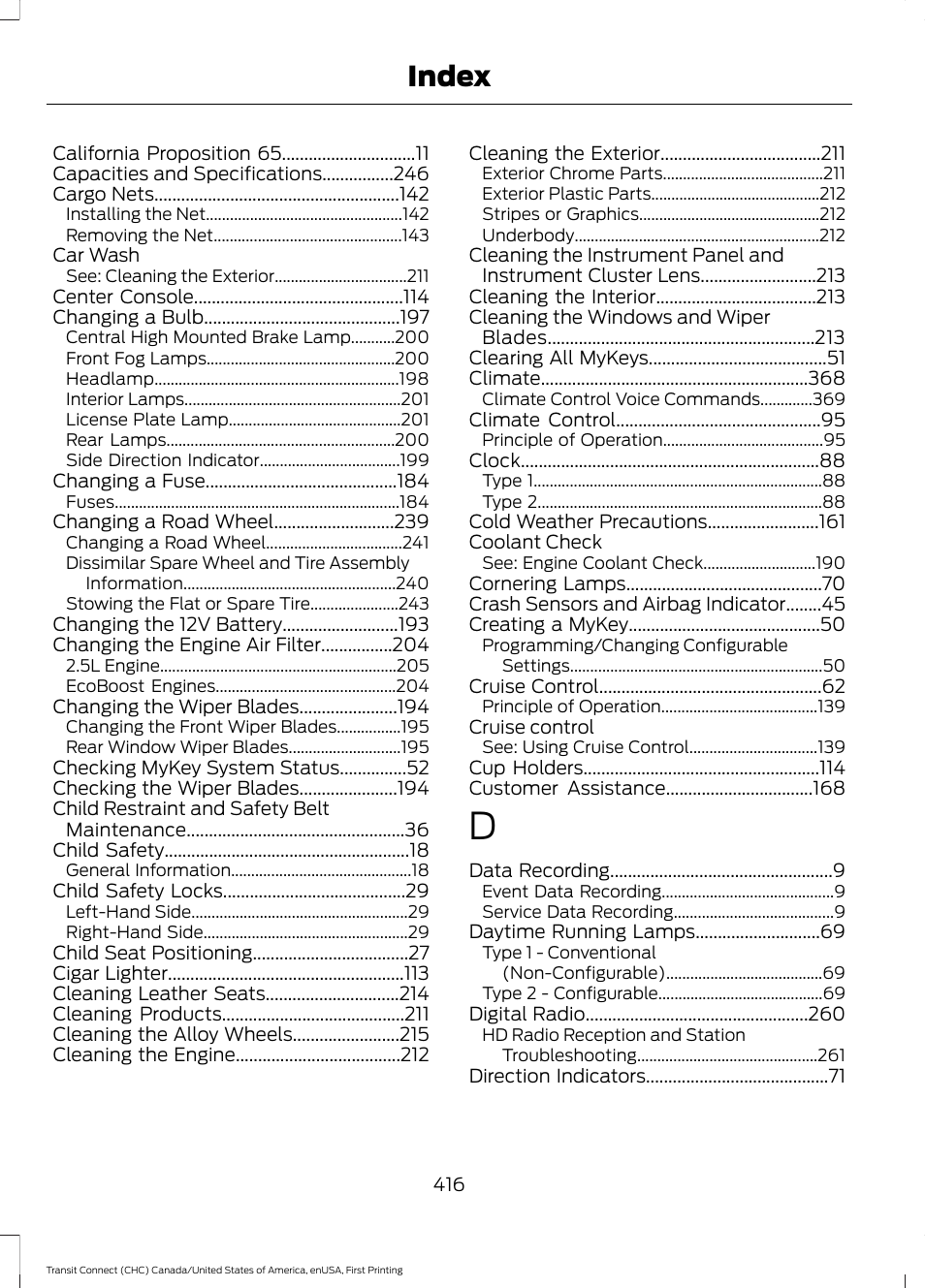 Index | FORD 2015 Transit Connect User Manual | Page 419 / 428