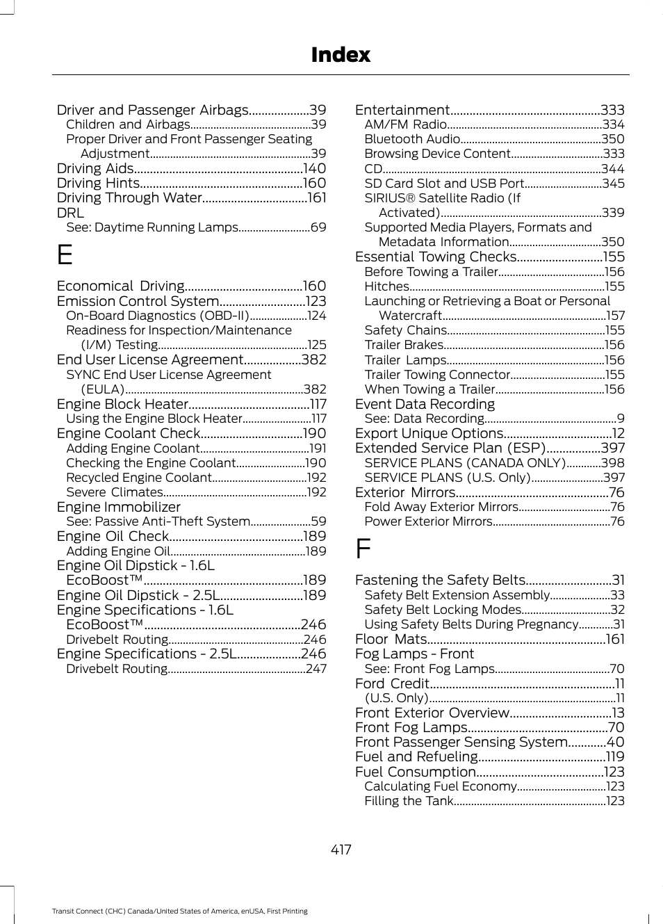 Index | FORD 2015 Transit Connect User Manual | Page 420 / 428