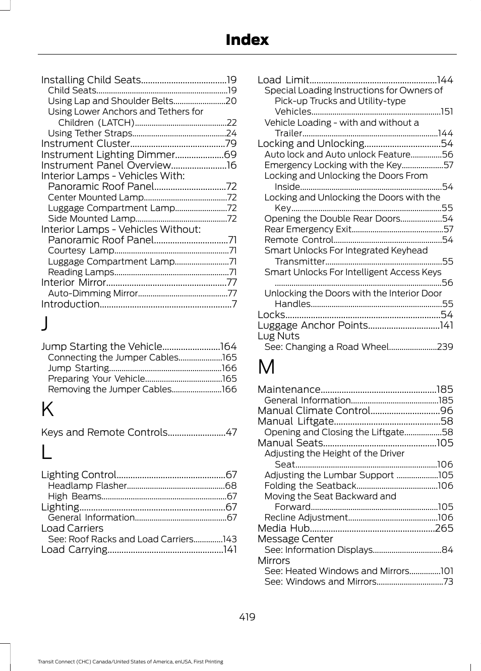 Index | FORD 2015 Transit Connect User Manual | Page 422 / 428