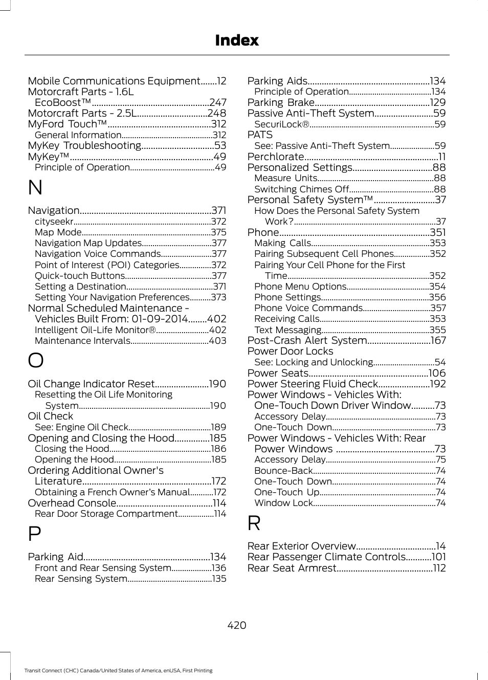 Index | FORD 2015 Transit Connect User Manual | Page 423 / 428