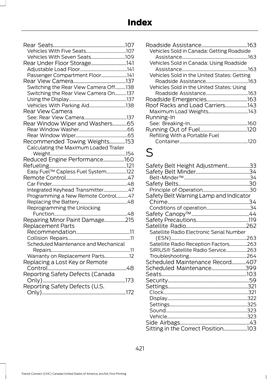 Index | FORD 2015 Transit Connect User Manual | Page 424 / 428