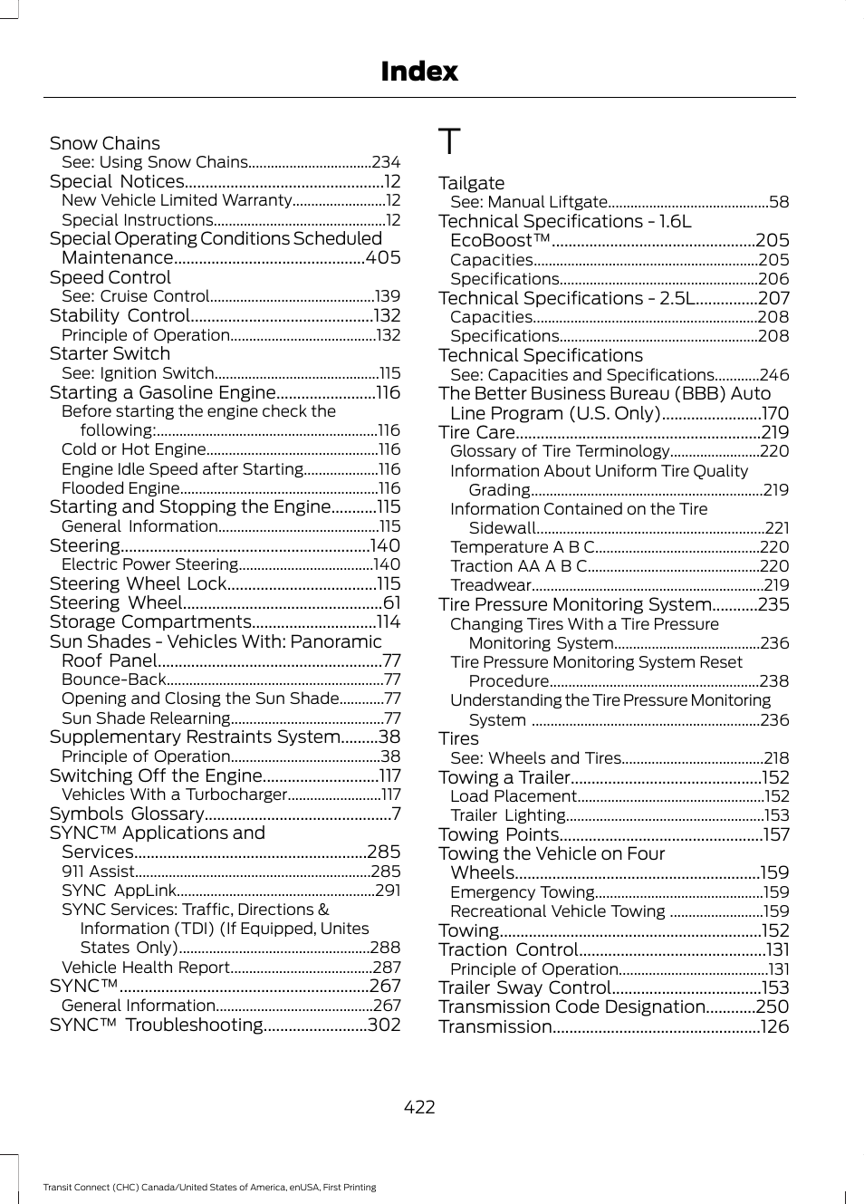 Index | FORD 2015 Transit Connect User Manual | Page 425 / 428