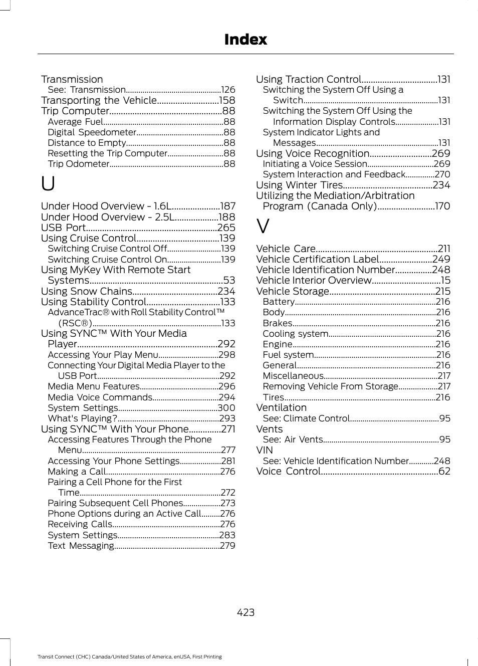 Index | FORD 2015 Transit Connect User Manual | Page 426 / 428