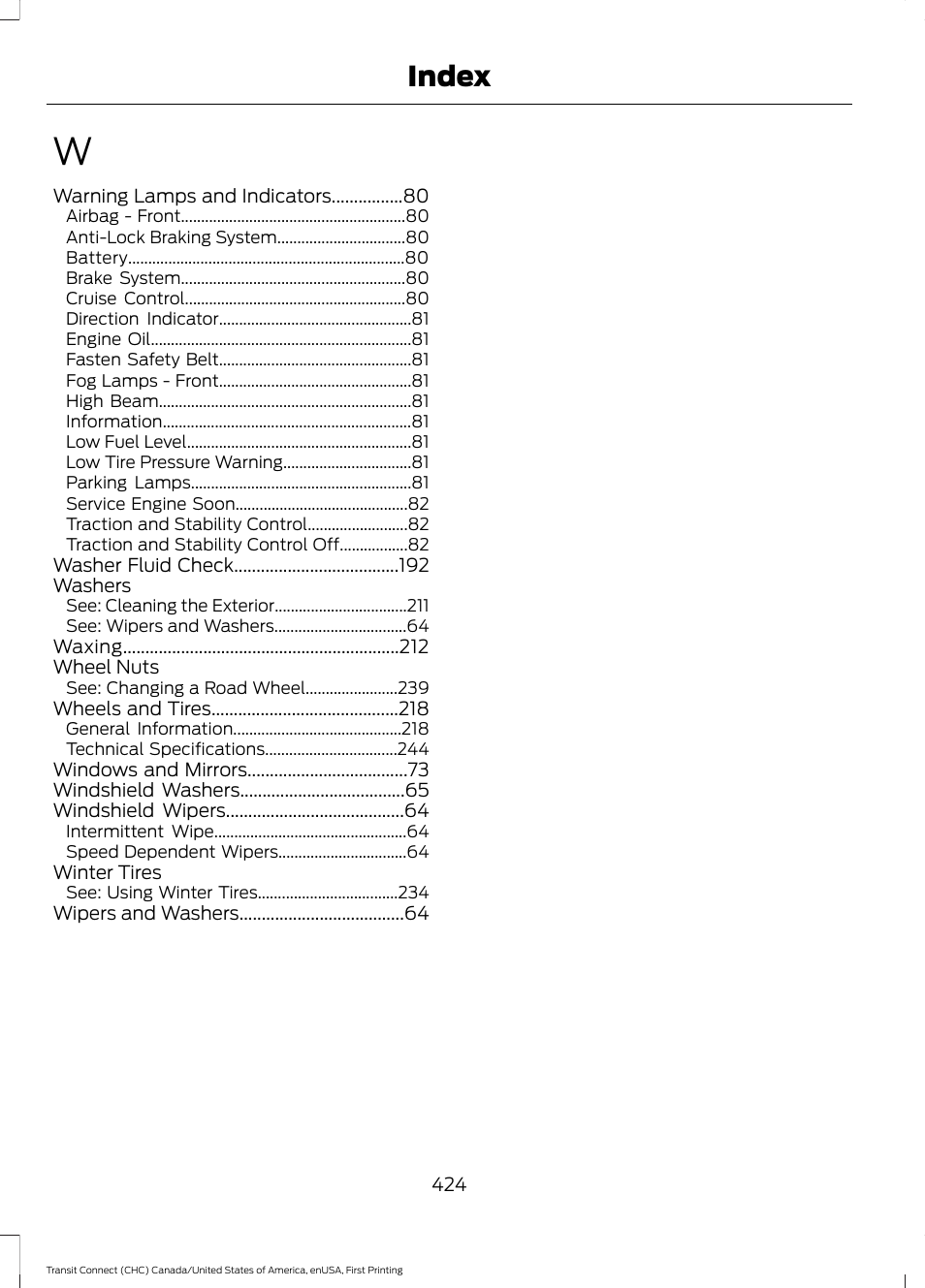 Index | FORD 2015 Transit Connect User Manual | Page 427 / 428