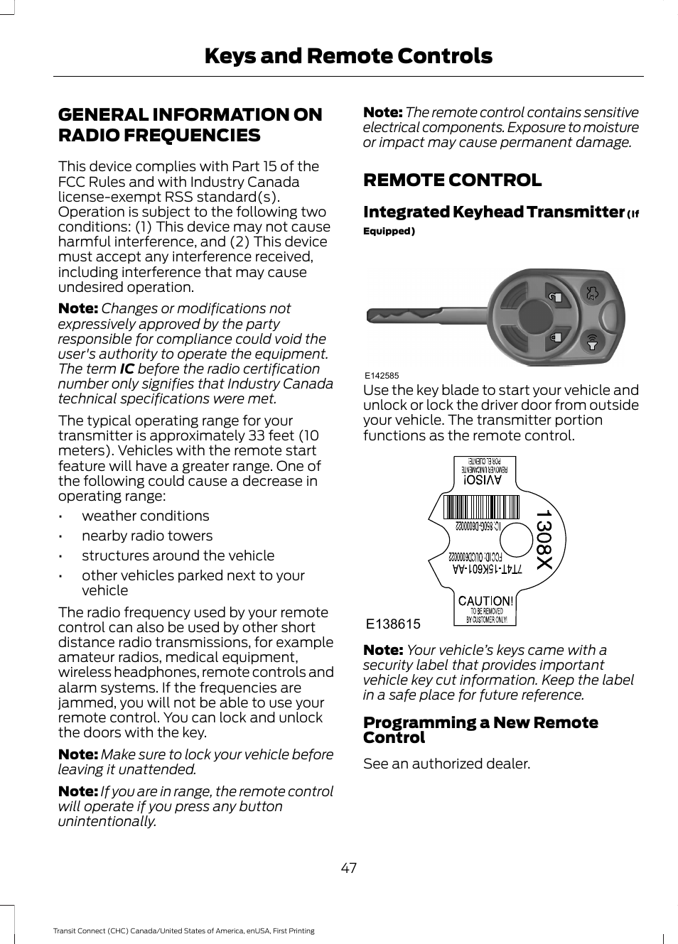 Keys and remote controls, General information on radio frequencies, Remote control | General information on radio, Frequencies | FORD 2015 Transit Connect User Manual | Page 50 / 428