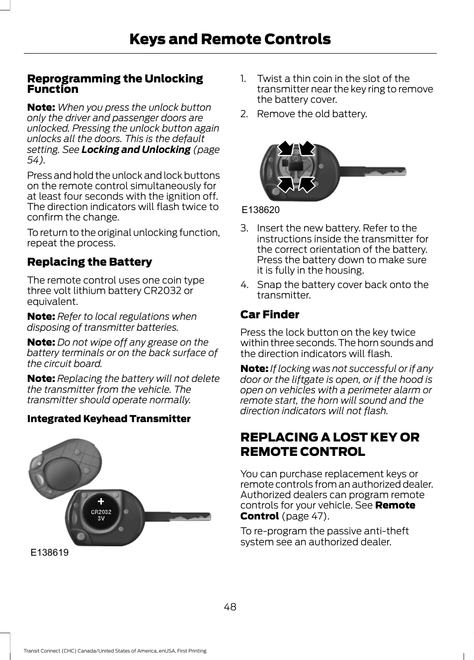 Replacing a lost key or remote control, Replacing a lost key or remote, Control | Keys and remote controls | FORD 2015 Transit Connect User Manual | Page 51 / 428