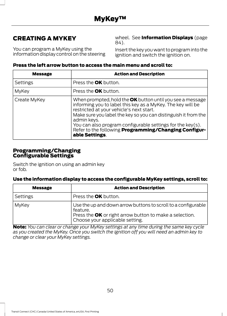 Creating a mykey, Mykey | FORD 2015 Transit Connect User Manual | Page 53 / 428